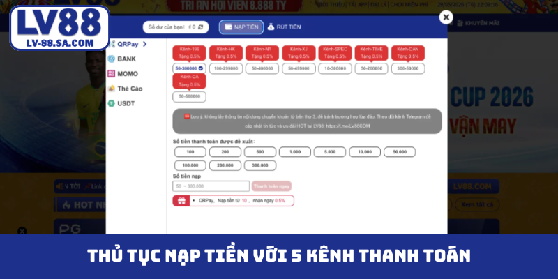 Thủ tục nạp tiền với 5 kênh thanh toán